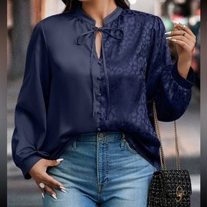 Classic Elegant Two Tone Leopard Print Top Blouse Shirt Blue